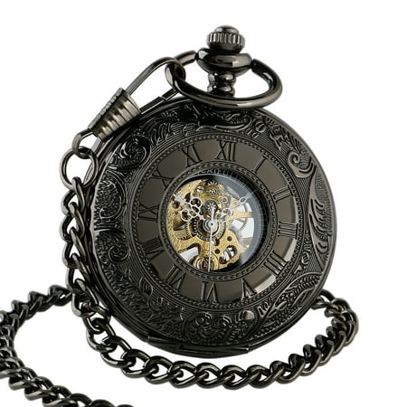 Black Dial Half Hunter Mechanical Pocket Watch White Hands Roman Numerals (Best Pocket Watches For Men)