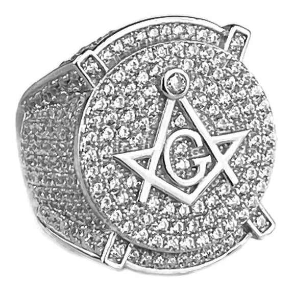 Men's Heavy Ring Real Solid 925 Sterling Silver Iced Masonic Symbol Master Mason Size 8