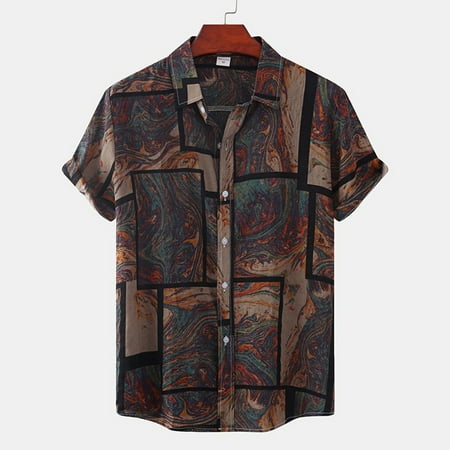 

KDJ Mens Vintage Y2K 3D Printed Button Shirt Summer Ethnic Style Short-sleeved Tops