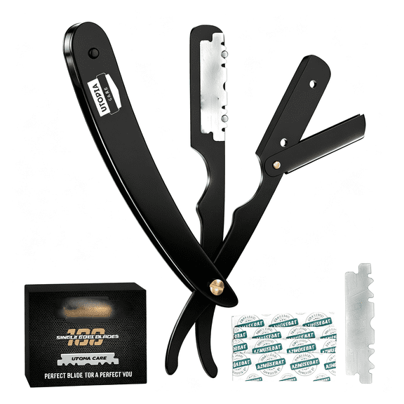 EXLEAF Professional Straight Razor for Men, Barber Straight Edge Razor Safety with 100 Pack Blades, Straight Razor Black