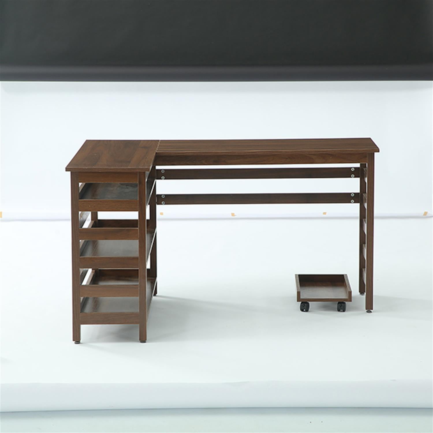 Demi Bonn L-Shaped Executive Desk, 53" Corner Office Desk with 4-Tier Storage Shelf for Home Living Room, Office, Brown