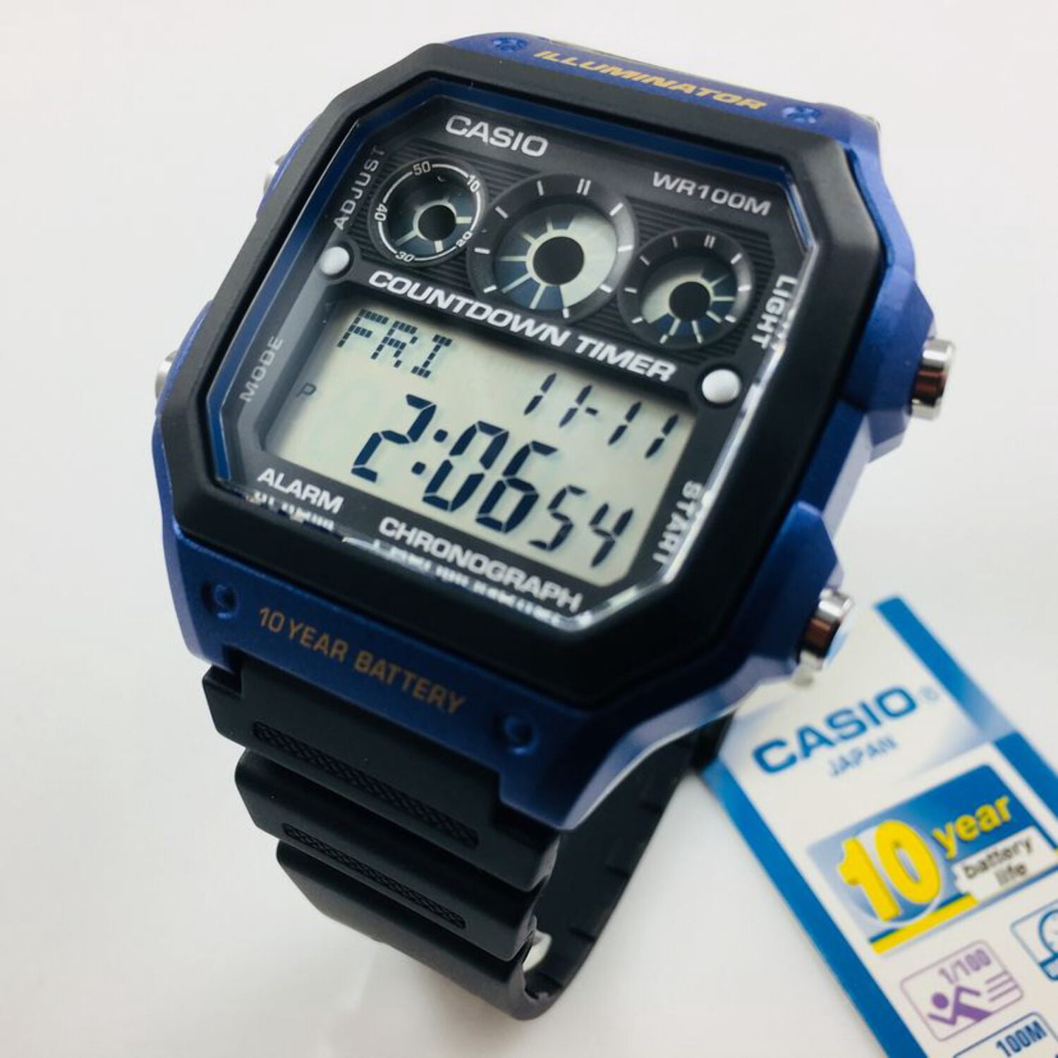 Casio Men's Digital Black Band Square Blue Resin Case Watch AE1300WH-2AV