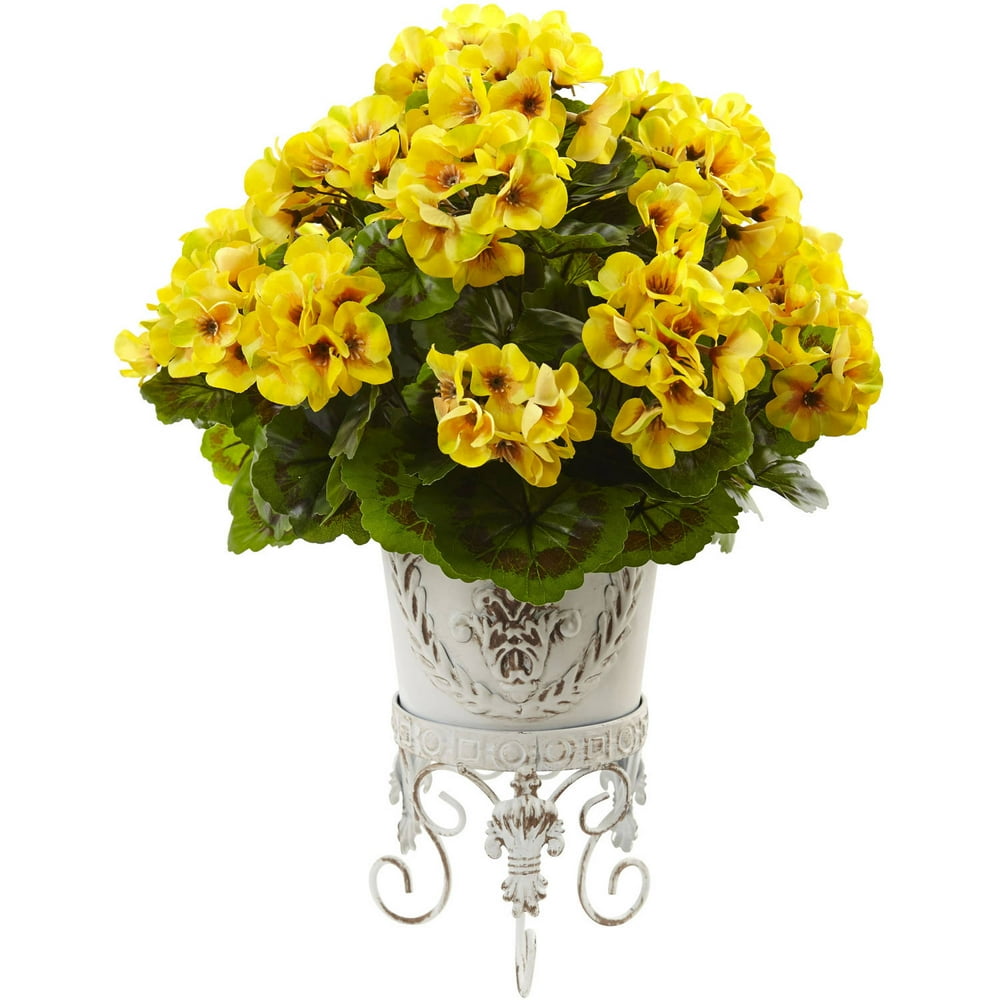 Nearly Natural Artificial Geranium with Metal Planter, UV Resistant