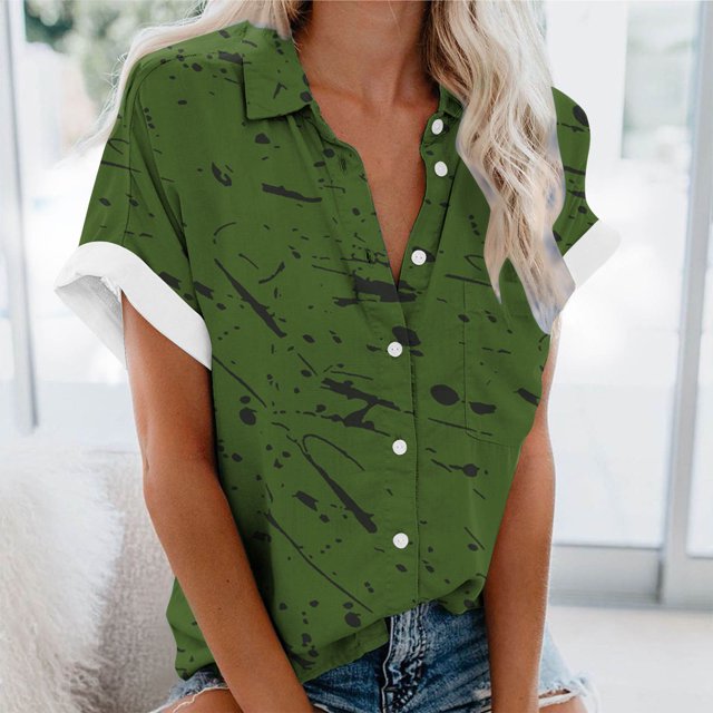 Fiudx Liquidación de Ahorros de Verano Blusa Casual de Solapa para Mujer con Estampado de Manga Corta y Botones