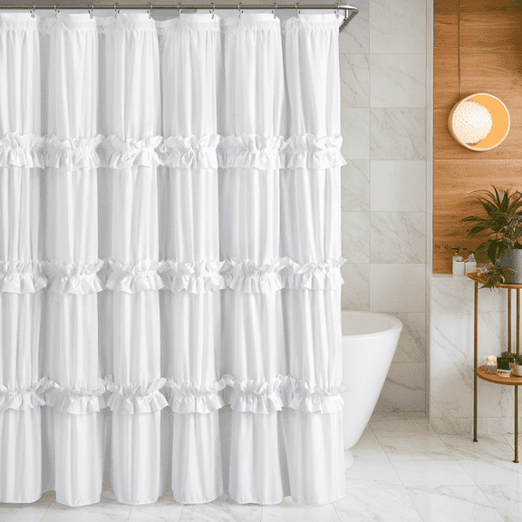 1pc White Ruffle Shower Curtain - Farmhouse Cloth Bathroom 72 x 72 Inches Texture Fashion, Double Layer Fabric