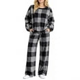 thumbnail image 6 of Two Piece Plaid Set for Women Long Sleeve Crew Neck Tops Wide Leg Pants Fall Winter Thicken Warm Soft Lounge Home Wear (XL, Dark Gray), 6 of 7