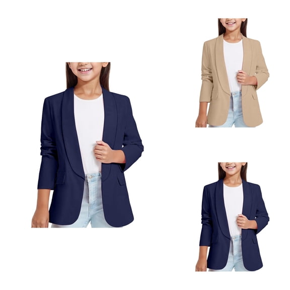 Girls Long Sleeve Open Front Shawl Lapel Blazer Jacket – Comfy Relax Fit Formal Suit Cardigan with Inner Pocket for School Uniform, Dressy Casual Wear (3-14Y)