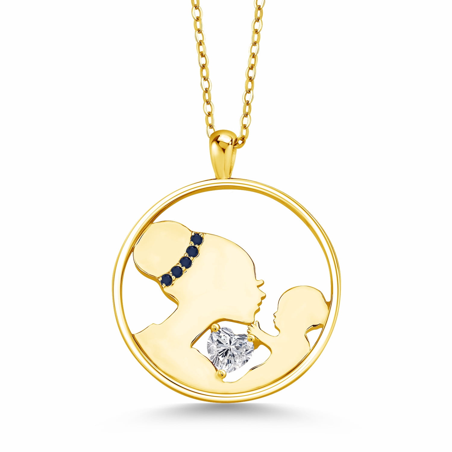 Gem Stone King 18K Yellow Gold Plated Silver Lab Grown Diamond and Blue Sapphire Pendant Necklace for Women | 0.50 Cttw | Gemstone April Birthstone | Heart Shape 5MM | With 18 inch Chain