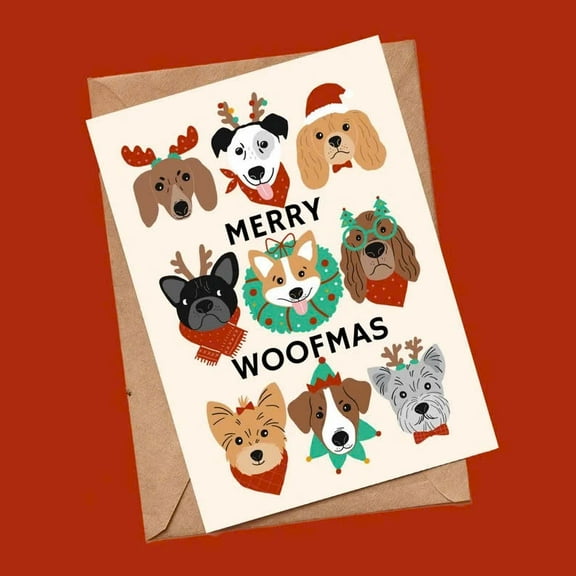 Merry Woofmas Dog Christmas Card – Adorable Illustrated Dog Characters – Blank Inside with Envelope – Funny Holiday Greeting Card for Dog Lovers