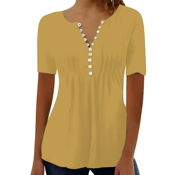 WTXUE T-Shirts Short Sleeve, Slit Neck Shirts for Women's Pleated Button Open Loose T Shirt Top Solid | Casual for Women Khaki XL