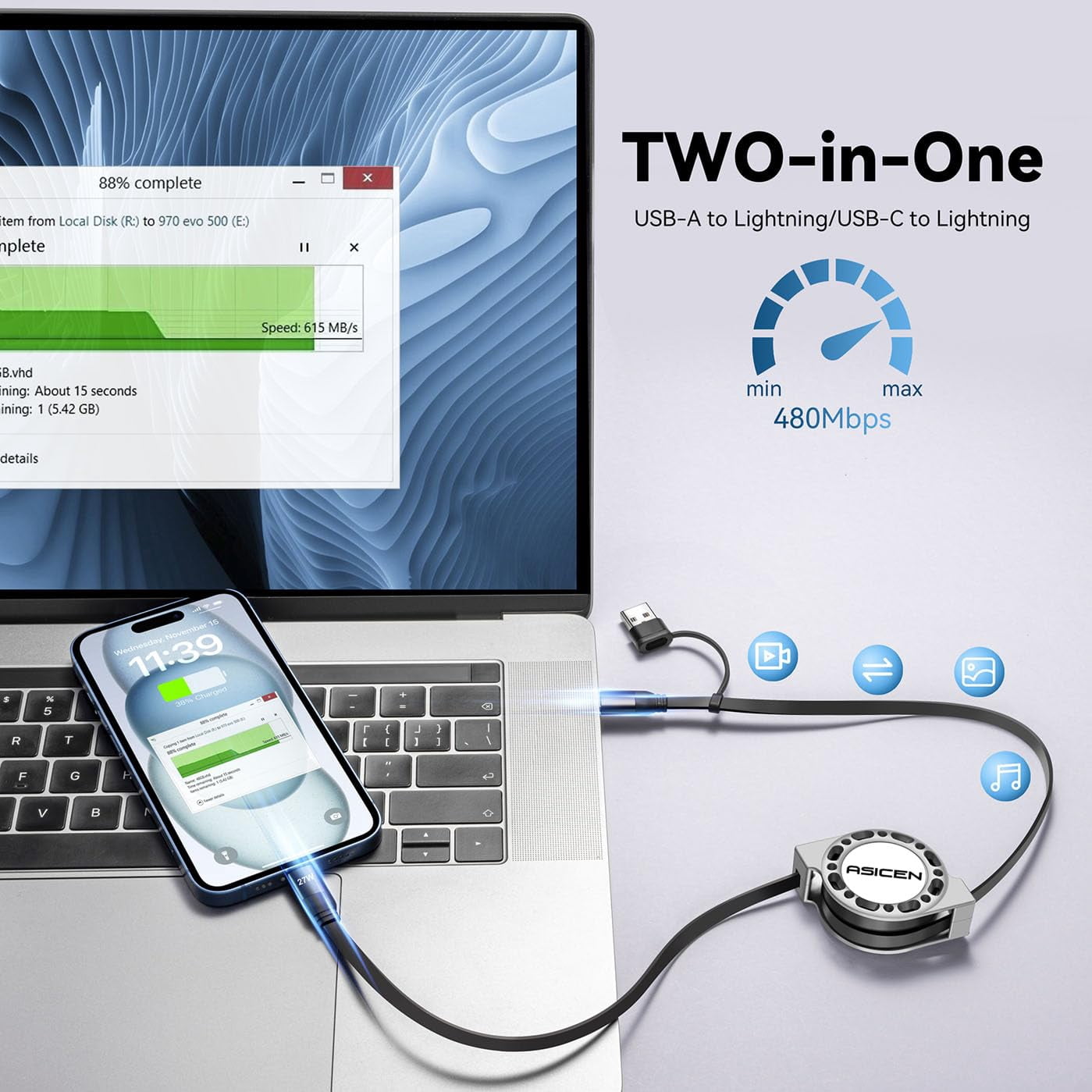 3-in-1 retractable charging cable lightning adapter/turns flash cable 27 [fast charging & data sync] multi-function charger suitable for 141312118765
