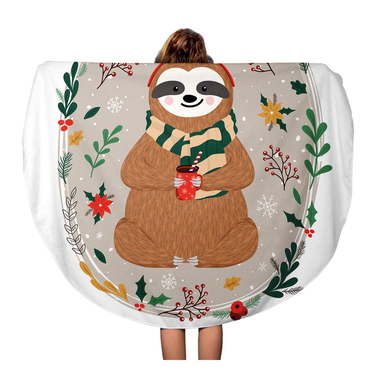 NUDECOR 60 inch Round Beach Towel Blanket Cute Baby Sloth Dressed in