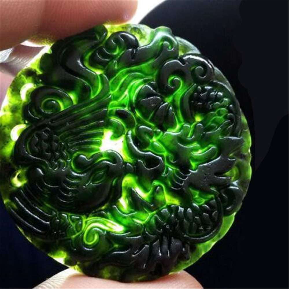 Black Green Jade Gemstone Lucky Chinese Zodiac Dragon Coin Money Amulet Pendant 