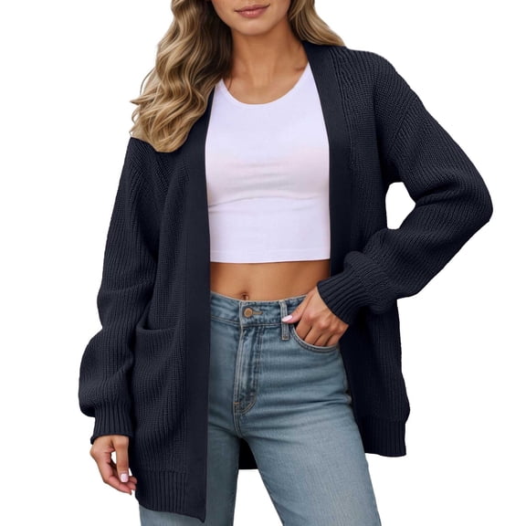 DuoJiaJ Women Sweaters Cardigan Open Front Long Sleeve Ribbed Knit Jackets Fall Fashion Cozy Sweater Blue L