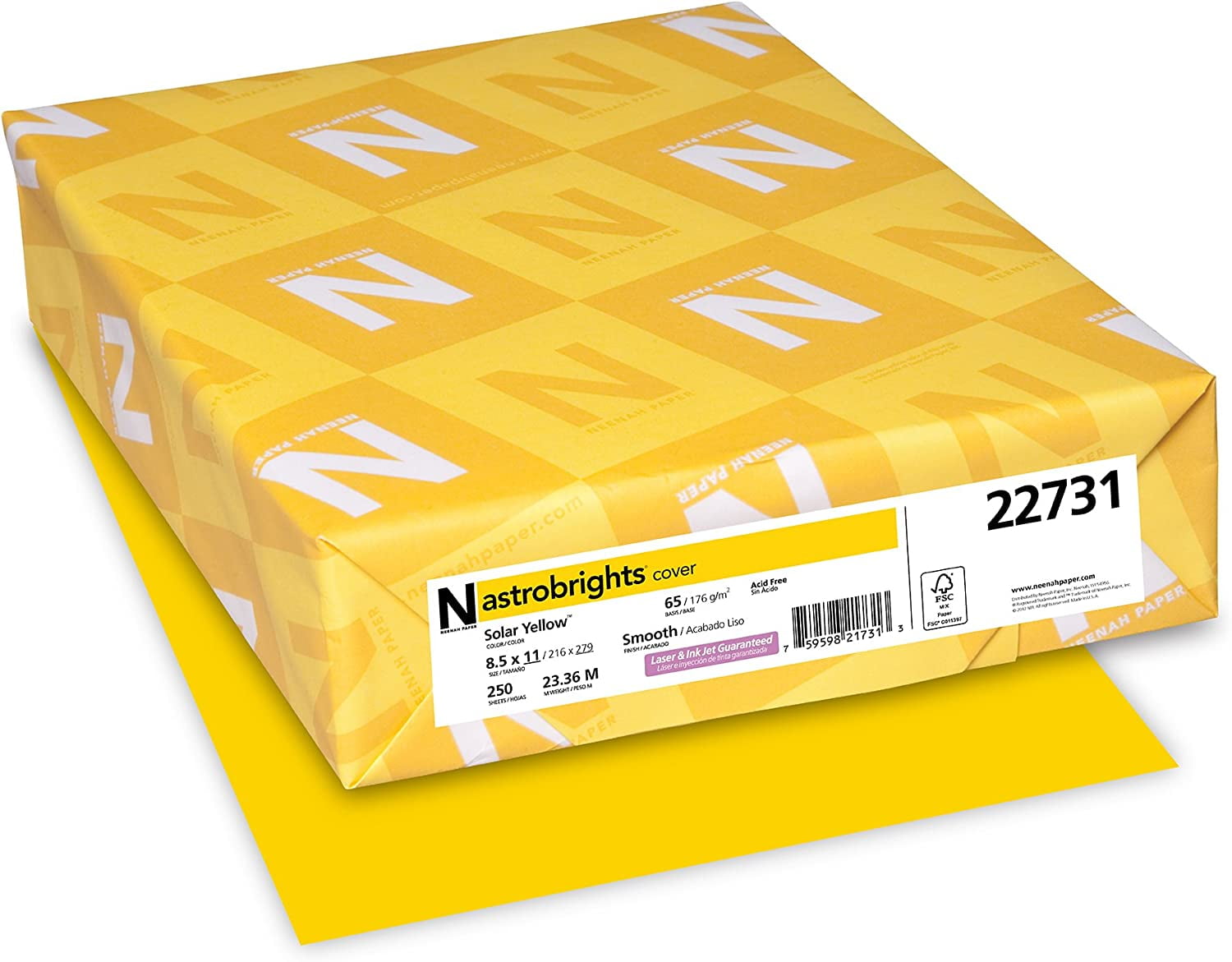 1PACK Wausau Paper Astrobrights Colored Card Stock, 65 lbs., 8-1/2 x 11, Solar Yellow, 250 Sheets