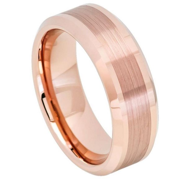 8mm Rose Gold IP Plated Brushed Center High Polished Beveled Edge Wedding Band Ring For Men Or Ladies