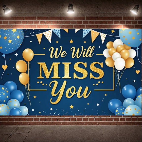 Gold Theme Farewell Banner Glitter Send-off Backdrop Heart-shaped Balloons Firework Decorations We Will Miss You Background for Farewell Party Send-off Event Memorial Gathering