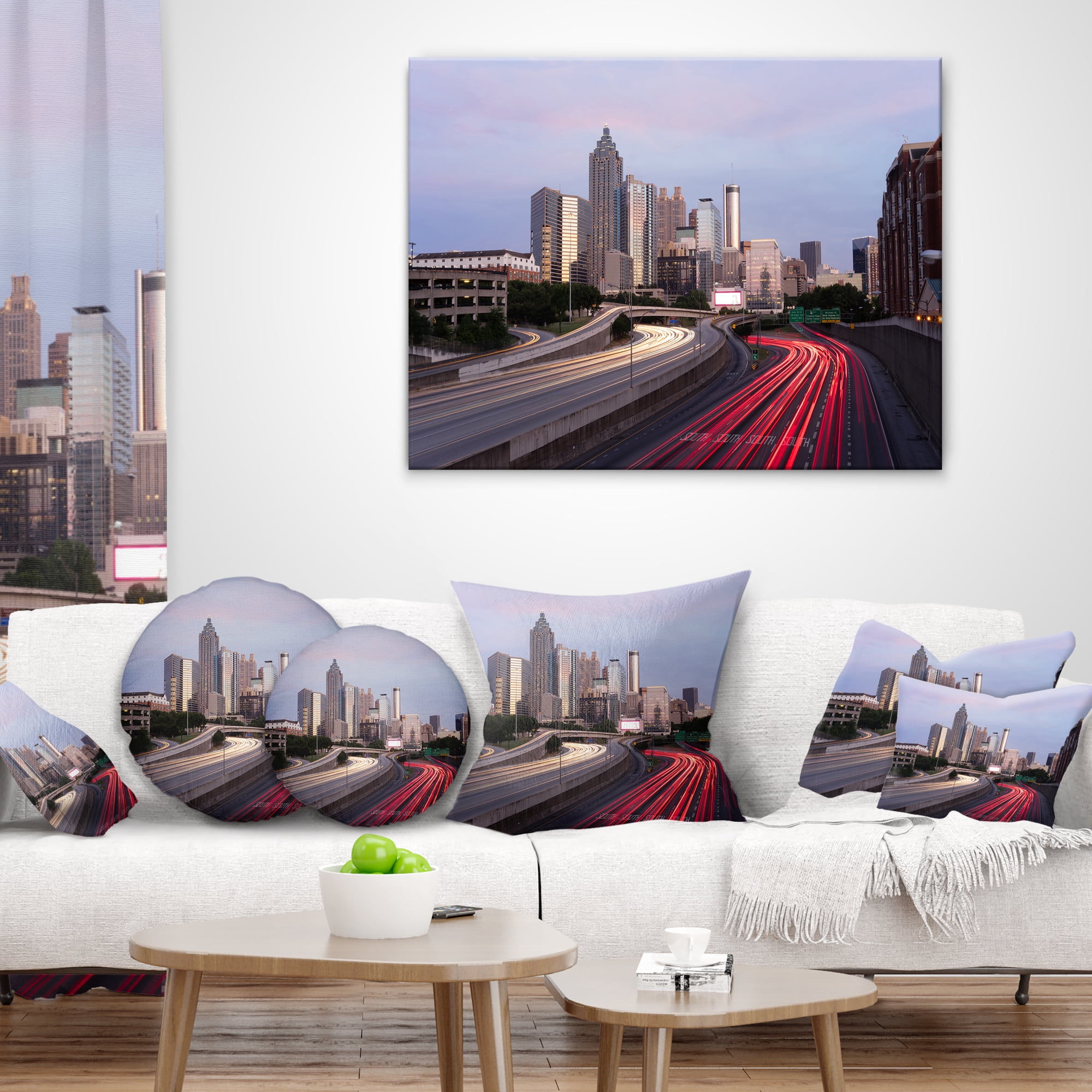 Designart Atlanta Georgia Rush Hour Traffic at Dusk - Cityscape Throw Pillow - 12x20