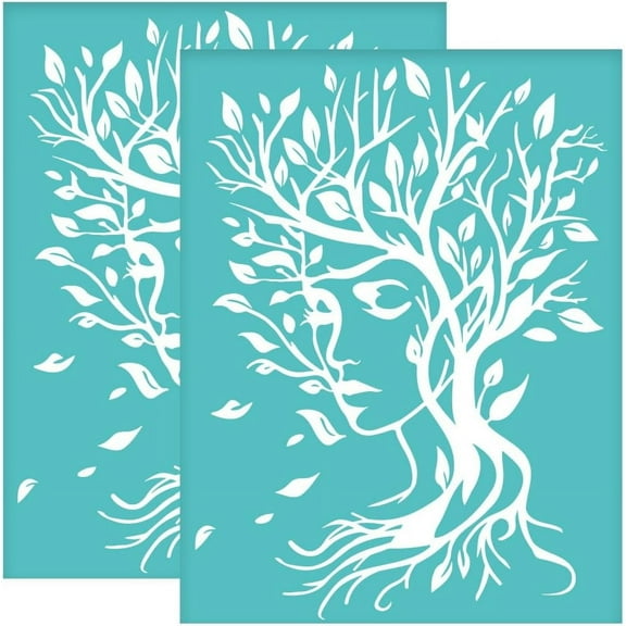 2Pcs 11x8.6 Inch Woman Face Silk Screen Stencil Tree Pattern Self-Adhesive Silk Screen Printing Stencil Mesh Stencils Transfer Decoration