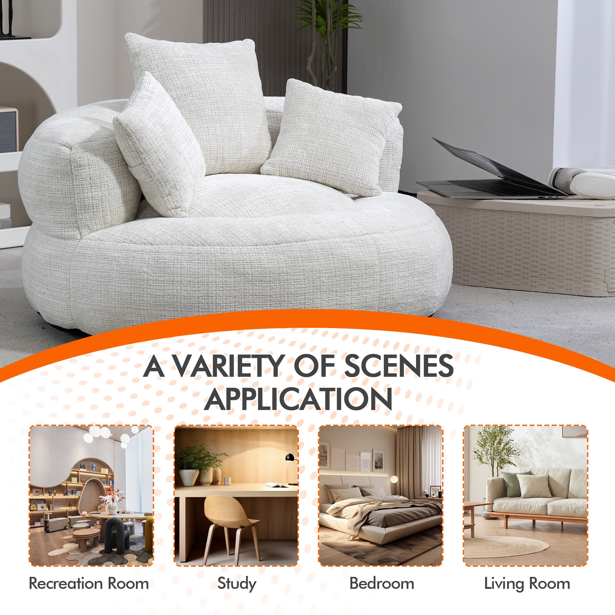 MOONMISS Chenille Upholstered Durable Comfort Lounger Bean Bag Lazy Sofa with Three Pillows-Beige