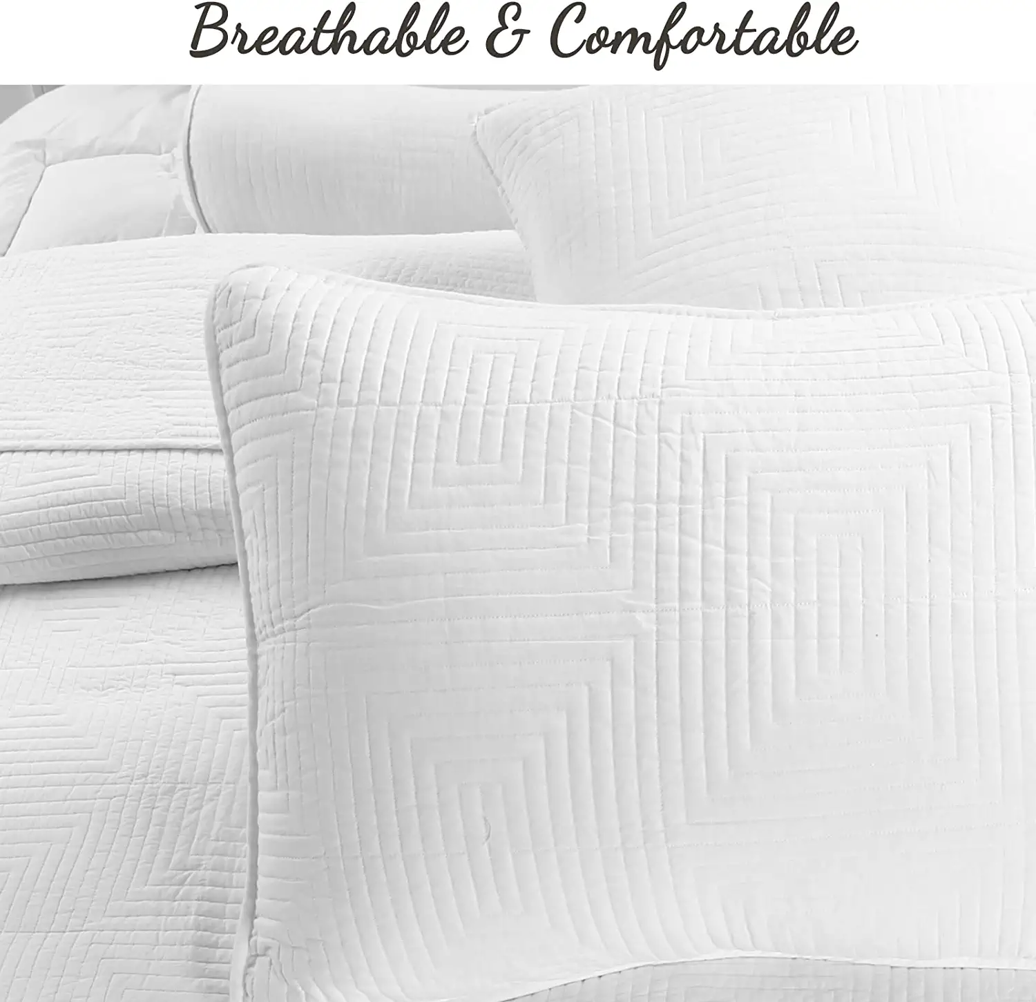 Cozy Line Home Fashions Geometric Maze Solid White 100% Cotton 3 Piece Quilt Bedding Set, Queen
