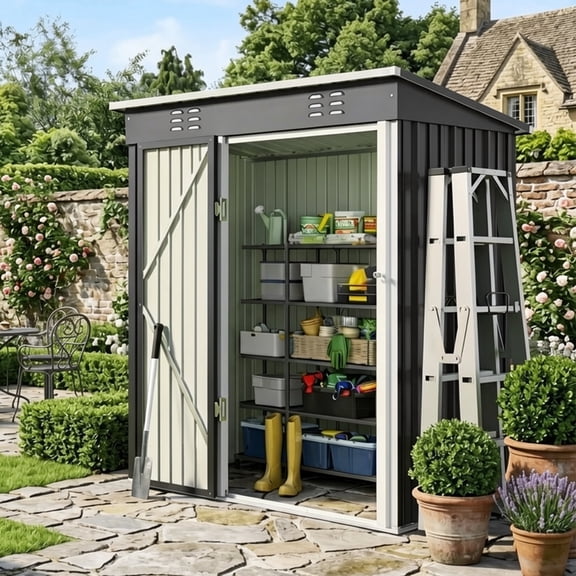 Aiho 5'x 3' Metal Outdoor Storage Shed with Lockable Door for Garden Backyard Patio - Gray