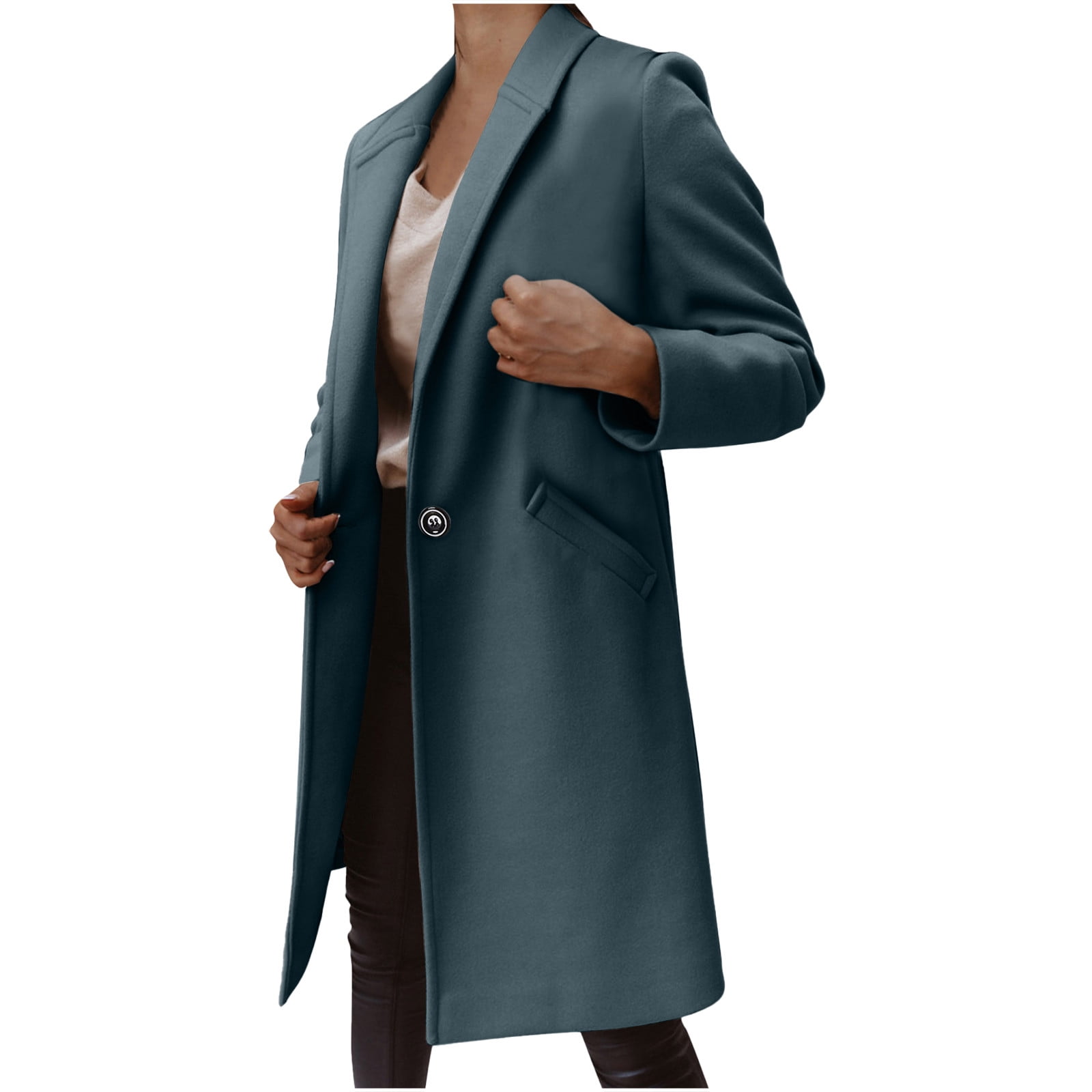 Women Wool Blend Blazer Jacket Long Sleeve V Neck Mid Length Coat