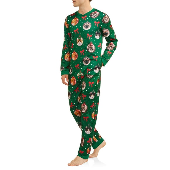Cat Mens Lighted Ugly Christmas Sweater Minky Fleece Union Suit Pajamas (Large 42-44) Green