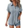 thumbnail image 2 of Tittly Button Down Shirts Shirts for Women Generisch Muslin Blouse Women's Summer Shirt Blouse Cotton Short Sleeve Linen Blouse Tops V Neck Long Blouse Tunic Short Sleeve Shirts Womens Shirts Grey M, 2 of 7