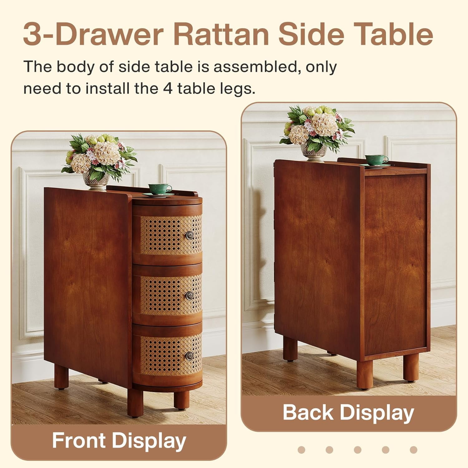 Tribesigns 3-Drawer Rattan End Table, Solid Wood Sofa Side Table with Vintage Embossed Handles for Living Room, Bedroom, No Assembly, Walnut & Oak