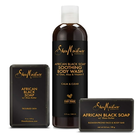 Sheamoisture Bath Face Skin Care Kit Body Cleanser For Dull Skin African Black Soap Made With Fair Trade Shea Butter, Aloe Vera, 3 Count