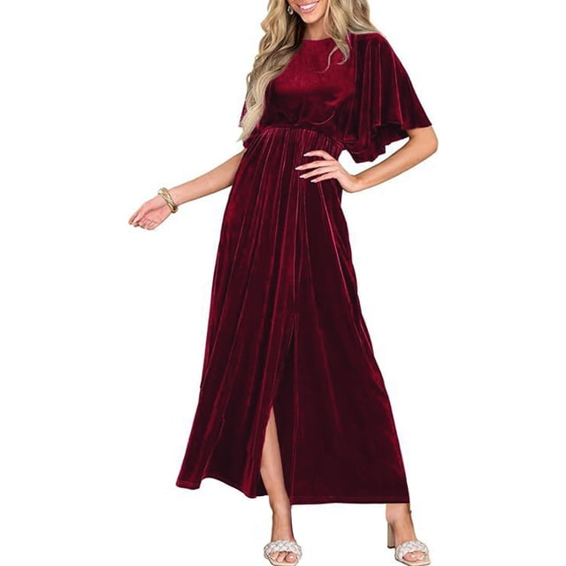 Liquidation et Promo, Robe en Velours Uni pour Femme à Manches Courtes et Col Rond, Robe en Velours, Robe à Manches Courtes, Robe à Col Rond Polyvalente et Tendance/100 % Polyester, Bourgogne, Sopatenor
