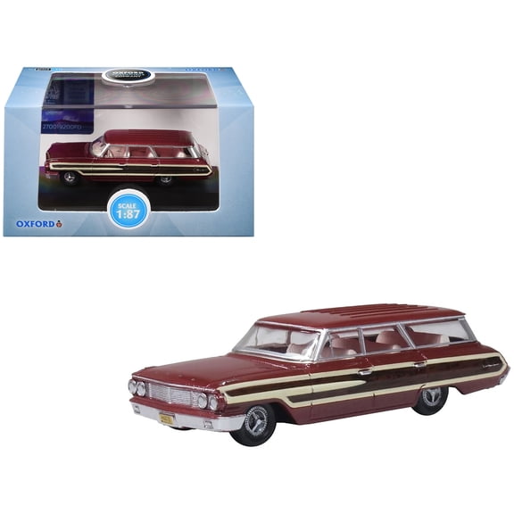 1964 Ford Country Station Wagon Squire Vintage Burgundy w/Woodgrain & White Interior 1/87 (HO) Diecast Model Car Oxford Diecast
