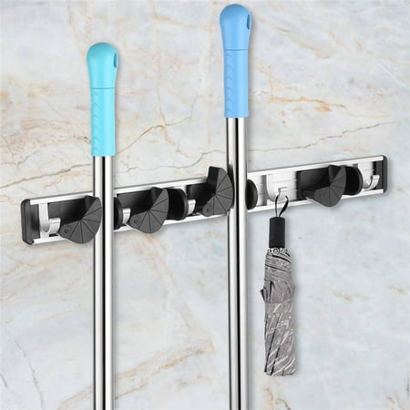 4 Position 5 Hooks Mop and Broom Holder Rack Wall Mounted Mop Broom Rack with Accessories for Home Kitchen Bathroom...