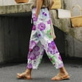 thumbnail image 2 of Travel Outfits Women Airport Women's Summer Printed Linen Drawstring Elastic Waist Pants Lightweight Straight Leg Casual Trousers With Pockets For Vacation And Women Casual Pants Suits Purple 3XL, 2 of 5