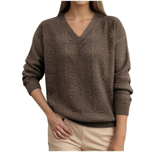 Tnhcen Women's Casual Long-Sleeve Pullover Sweater Solid Color Loose Fit Basic Style Simple V-Neck Polyester Soft Comfortable S-XL