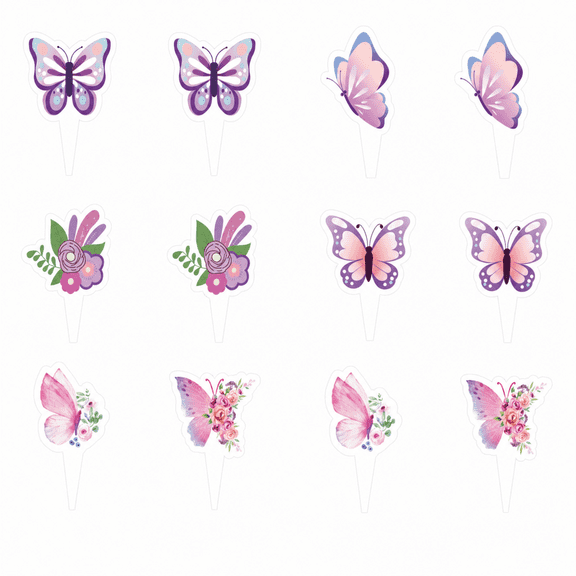 Butterfly Cupcake Toppers Floral Cake Decorations 3 Inch Print Paper Party Picks Pastel Pink Purple Dessert Decor for All Ages Shower Birthday Wedding 12 Pack