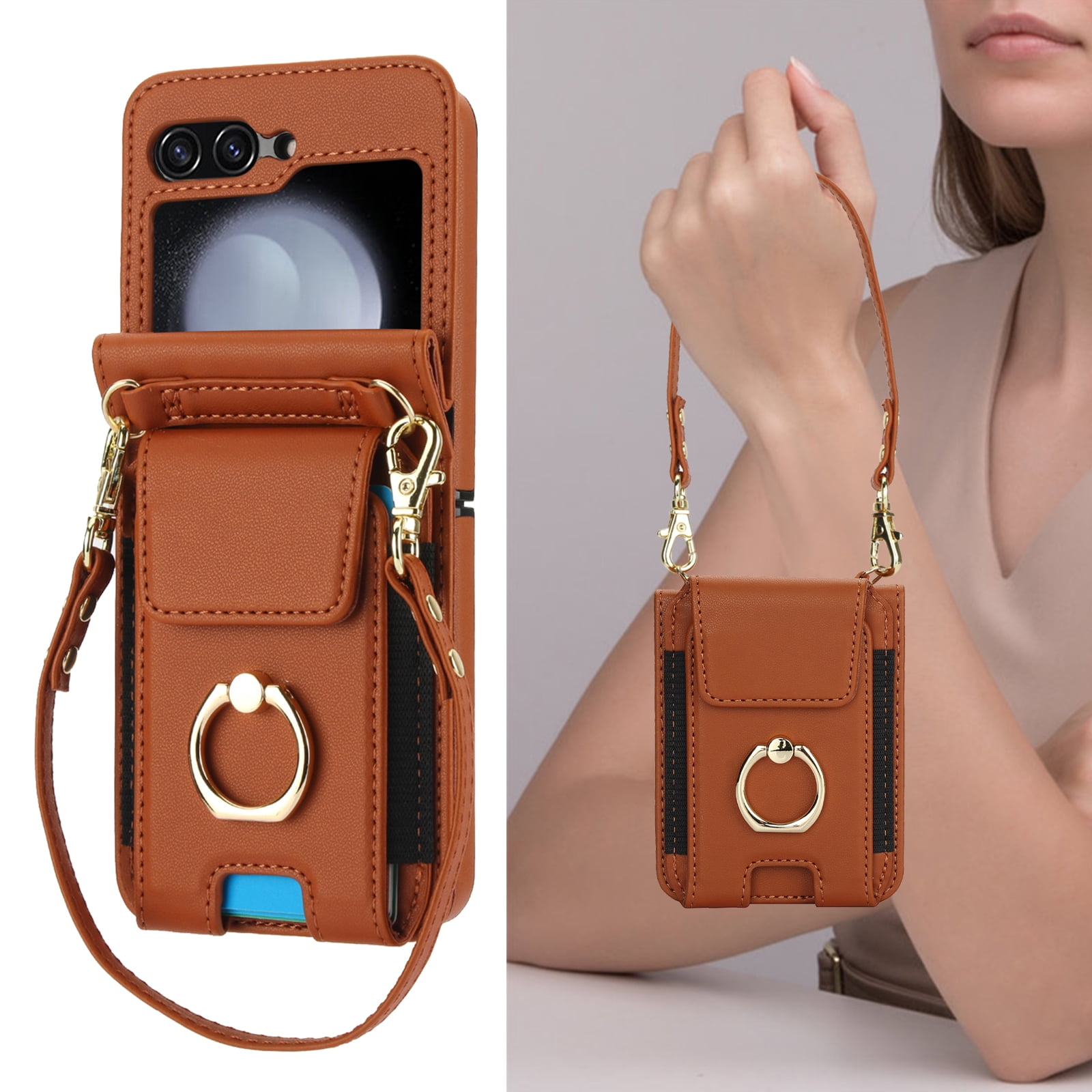 for Motorola Razr 60/Razr 2025 Case, Retro PU Leather Shockproof Protection Phone Case Wallet Built in Credit Card Slots Flip Cover Finger Ring Stand with Long Strap + Short Strap, Brown