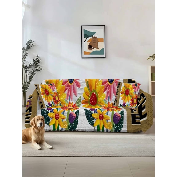 Spring Daisy Couch Cover for 2 Cushion Sofa, Brown Modern Abstract Art Dots Floral Washable Loveseat Sofa Covers Slipcover for Sectional Sofas L-Shaped, Couch Throw Cover 71"x118"