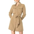 thumbnail image 3 of INSPIRE CHIC Women's Contrast Line Long Sleeves Belted Waist Dress with Pockets Light Khaki S, 3 of 8