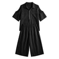 thumbnail image 4 of Xunmmm Summer Two Piece Set for Women Loose Fit Cold Shoulder Half Zipper and Bermuda Shorts Set Solid Color Casual Two Piece Set Relaxed Fit Travel Wear, 4 of 4