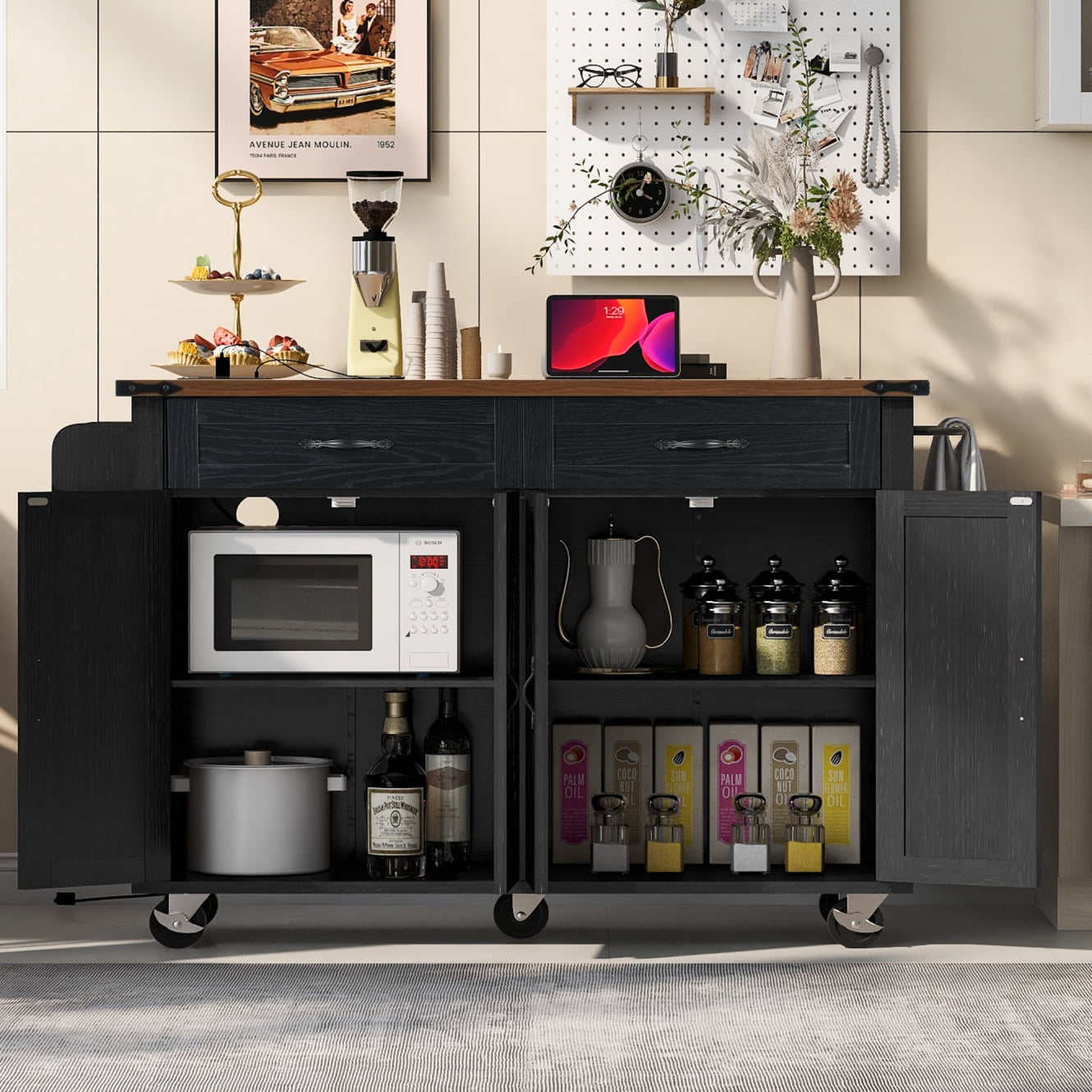 Kitchen Island with Drop Leaf and Power Outlets, Portable Rolling Kitchen Cart  with Large Storage Cabinets & Adjustable Shelf, 47.2'' Island Table with Spice Rack & Towel Rack, Black