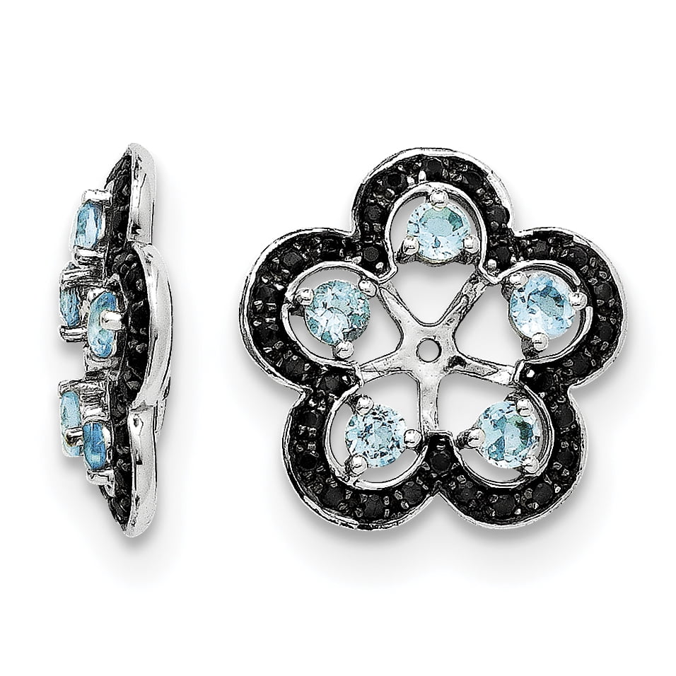 925 Sterling Silver Rhodium-plated Polished & Textured Swiss Blue Topaz & Black Sapphire Earring Jacket