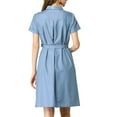 thumbnail image 4 of Allegra K Women's Pan Collar Button Down Belted Short Sleeve Denim Shirt Dress, 4 of 7