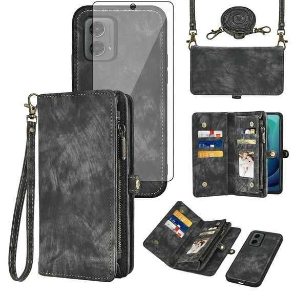 Asuwish Compatible with Motorola Moto G 5G 2024 Phone Case Zipper Wallet Detachable Tempered Glass Screen Protector Crossbody Lanyard Strap Flip Card Holder Slot Cell Cover for G5G 5 G G5 Women Black