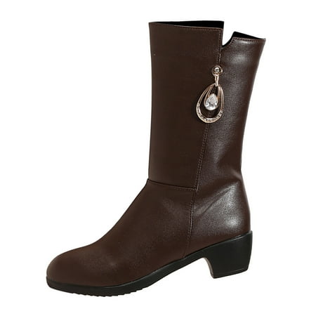 

PMUYBHF Ladies Fashion Winter Vintage Solid Leather Side Zipper Thick Heel Mid Length Boots 39.98