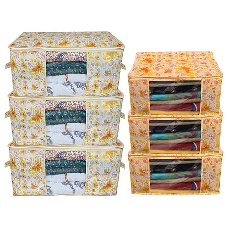 Kuber Industries Flower Printed Non Woven 3 Pieces Saree Cover and 3 Pieces Underbed Storage Bag
