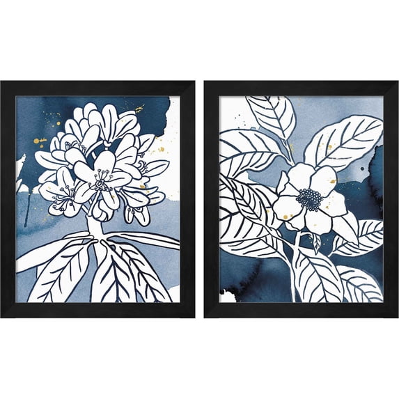 Great Art Now Indigo Blooms by Wild Apple Portfolio, 2 Piece Framed Art Set Each 9.25"W x 11.25"H
