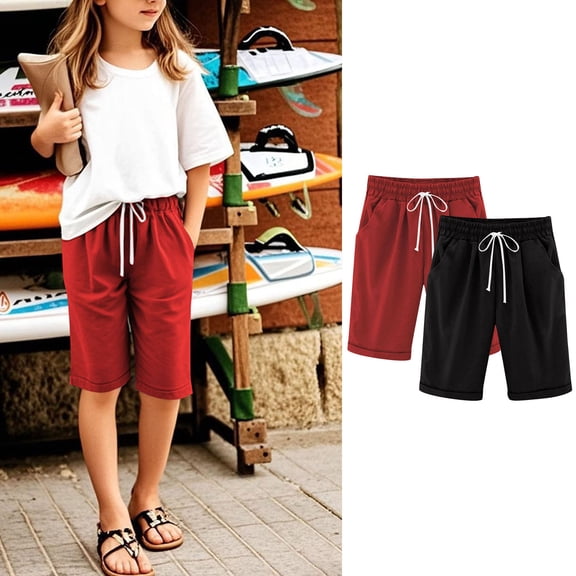 Cowsor Girl's Knee-Length Bermuda Casual Shorts with Elastic Waist Drawstring 2PC