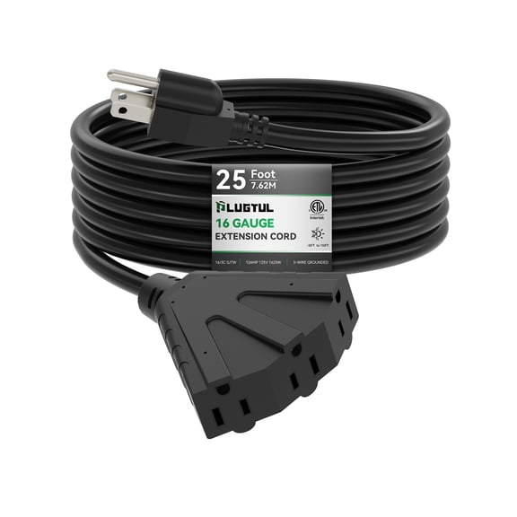 25FT Outdoor Extension Cord with Multiple Outlets, SJTW, 13A 16AWG 1625W, ETL Listed, Black
